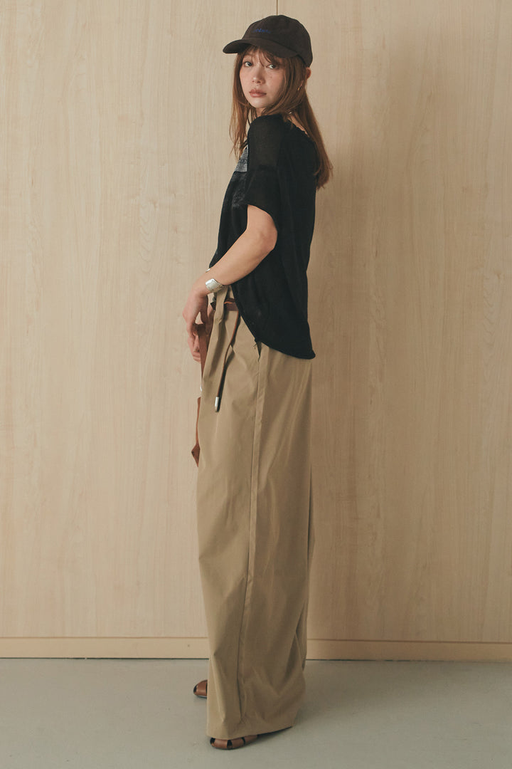 [SET]半袖モノトーングラフィックトップス+ベルトループデザインハイウエストタックパンツ(2set)
