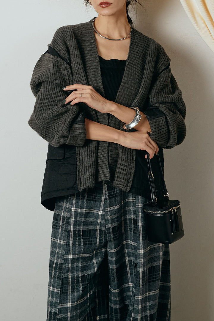 [SET]キルティング切り替えニットカーディガン+ベルト付きタータンチェックカーブワイドパンツ(2set)