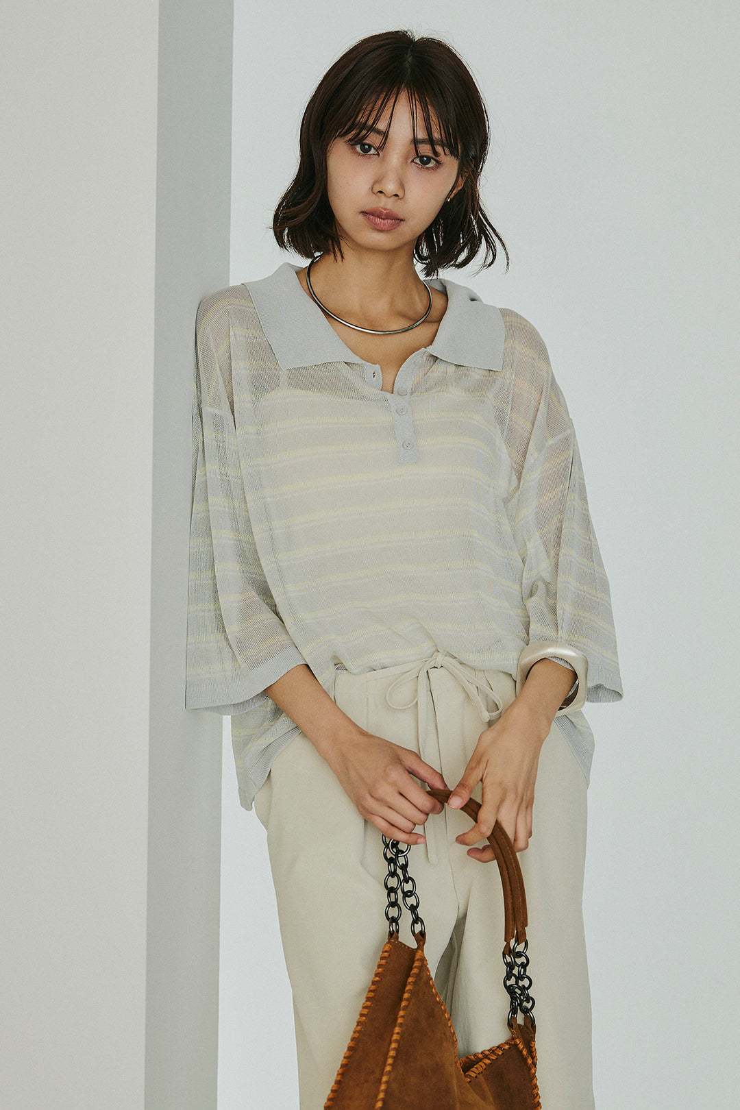 [SET]ボーダーニットポロシャツ+ニーサイドタックウエストドロスパンツ(2set)