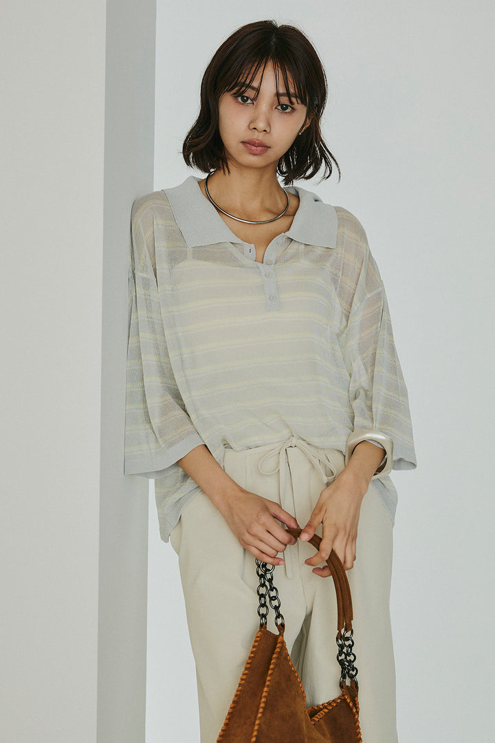 [SET]ボーダーニットポロシャツ+ニーサイドタックウエストドロスパンツ(2set)