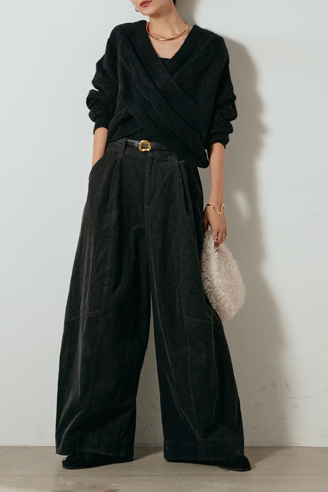 [SET]ケーブルカシュクールニットトップス+タック入りコーデュロイワイドパンツ(2set)