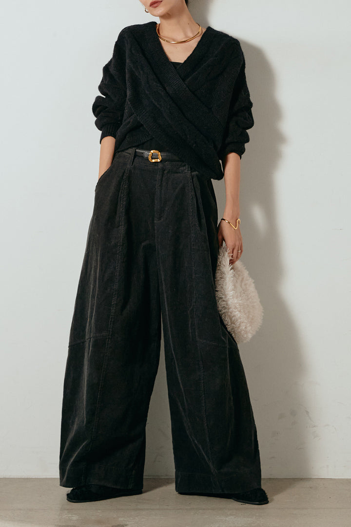 [SET]ケーブルカシュクールニットトップス+タック入りコーデュロイワイドパンツ(2set)