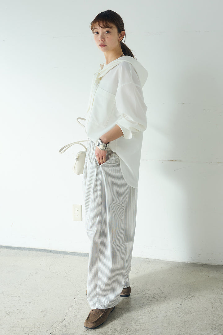 [SET]無地タイ付フーディーBIGシャツ+ランダムストライプタックギャザーパンツ(2set)