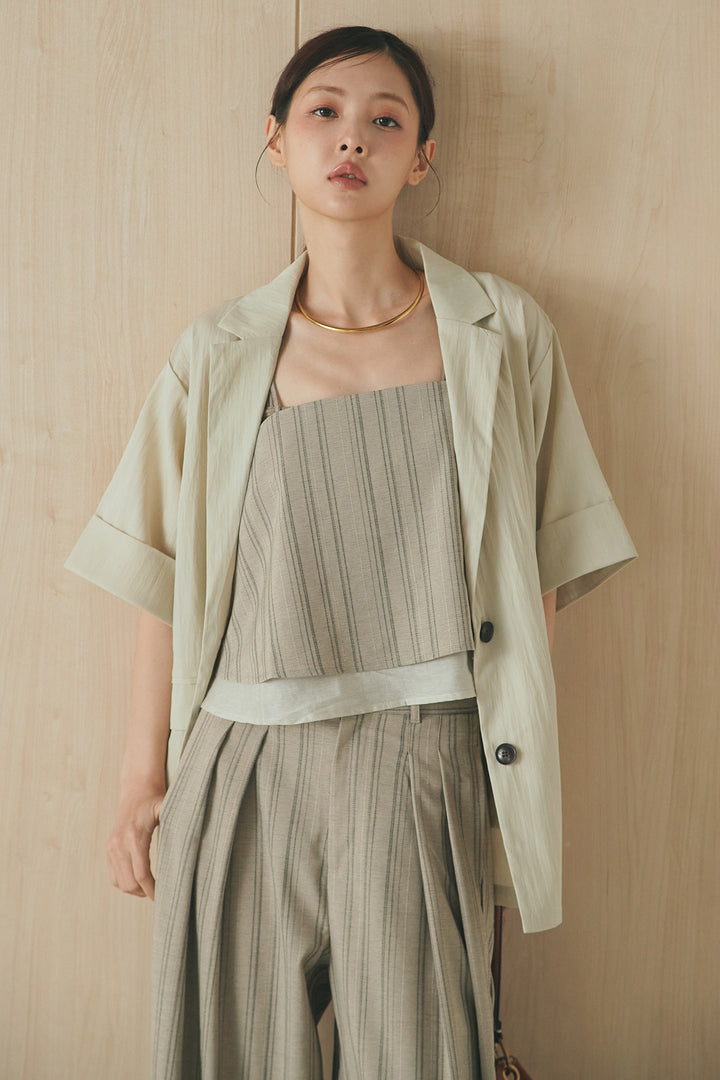 [SET]リネンストライプレイヤードキャミ+リネンストライプタックワイドパンツ(2set)