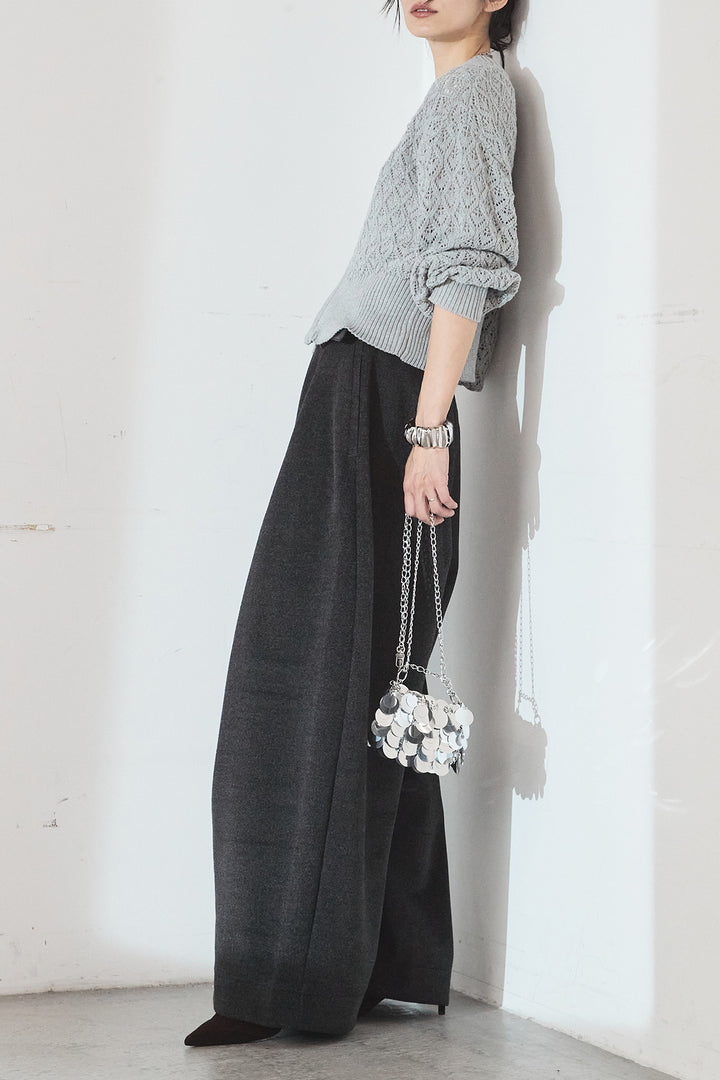 [SET]透かし編みニットジップスリットプルオーバー+ウールタッチカーブワイドパンツ(2set)