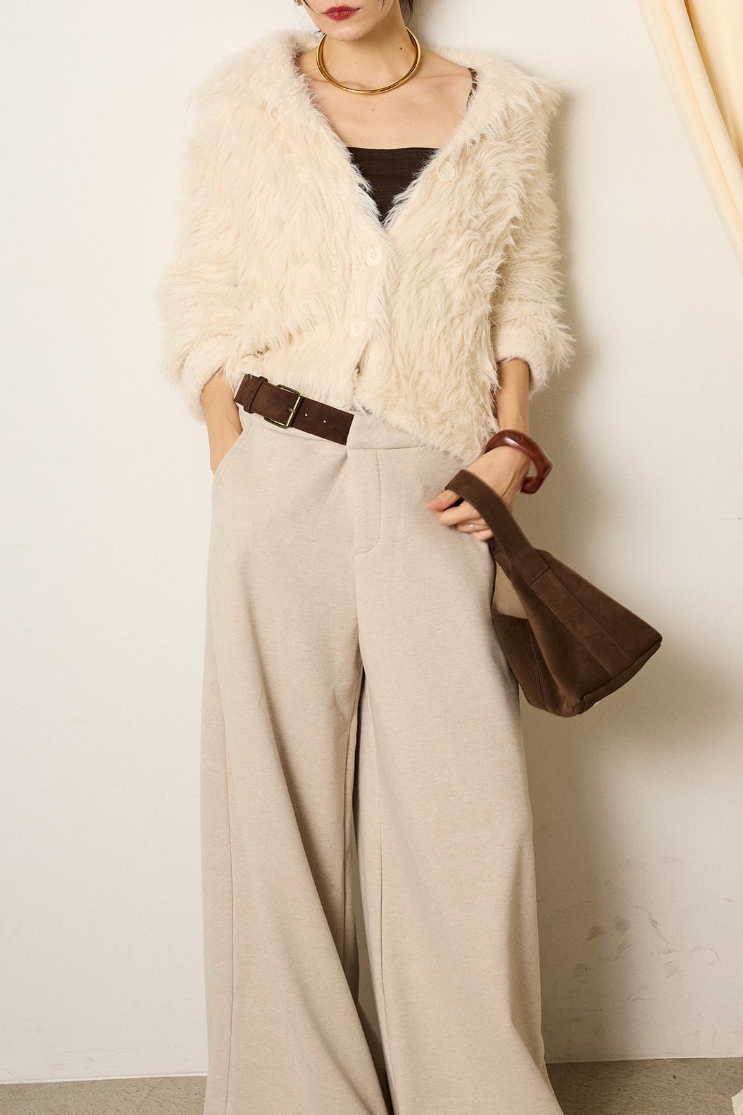 [SET]襟付きシャギーニットカーディガン+サイドベルトパンツ(2set)