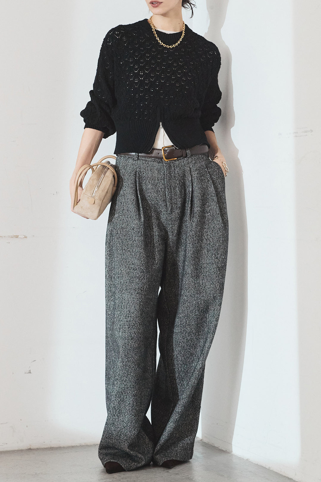 [SET]透かし編みニットジップスリットプルオーバー+タックツイードワイドパンツ(2set)