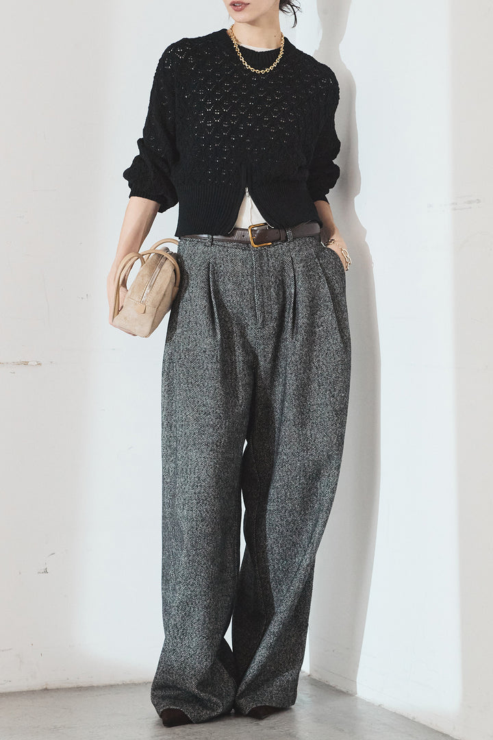 [SET]透かし編みニットジップスリットプルオーバー+タックツイードワイドパンツ(2set)
