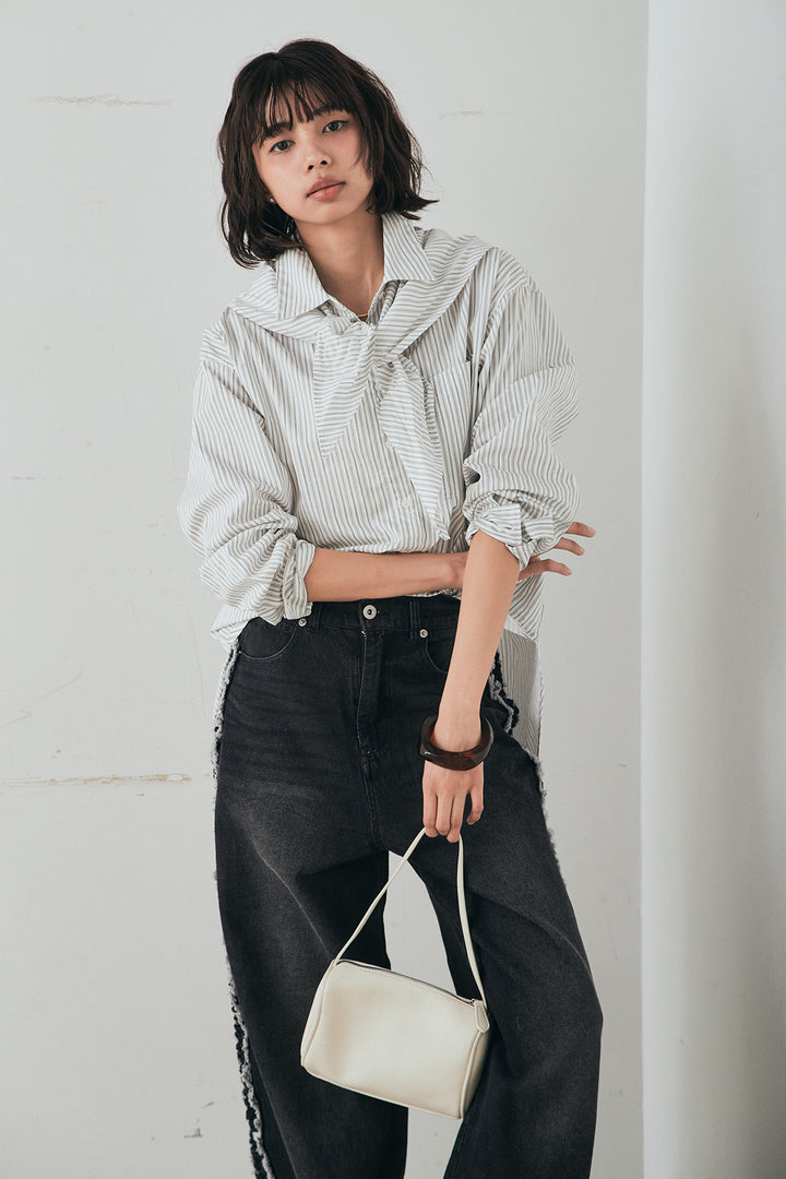 [SET]ランダムストライプスカーフ付きシャツ+デニムサイドフリルパンツ(2set)