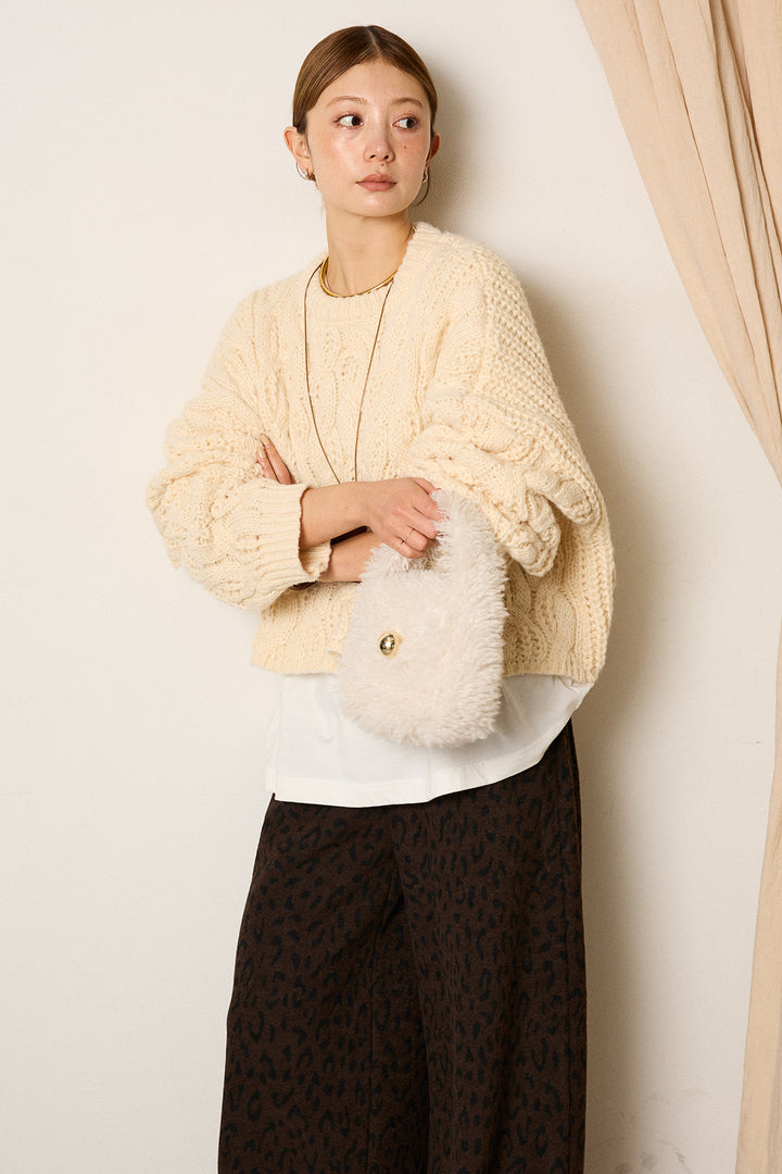 [SET]ケーブルリラックスショートニット+箔プリントBIGシルエットロングスリーブTシャツ+レオパードジャガードニットパンツ(3set)