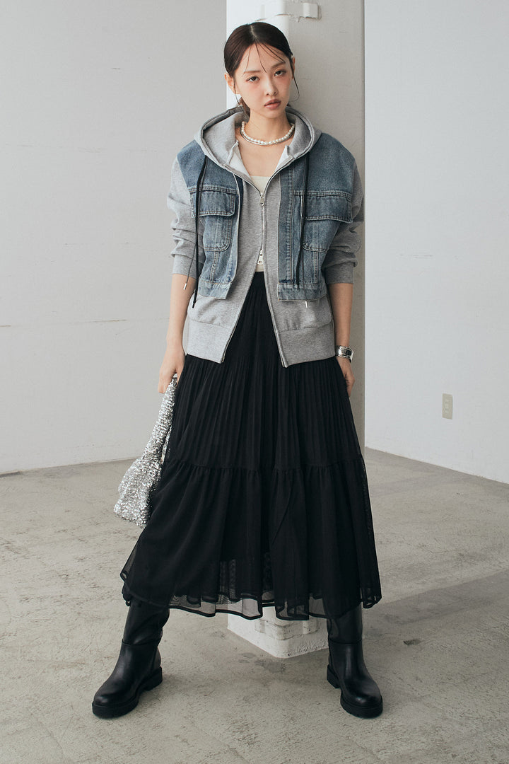 [SET]デニム切替ポンチダブルジップパーカー+ボリュームシルエットチュールスカート(2set)