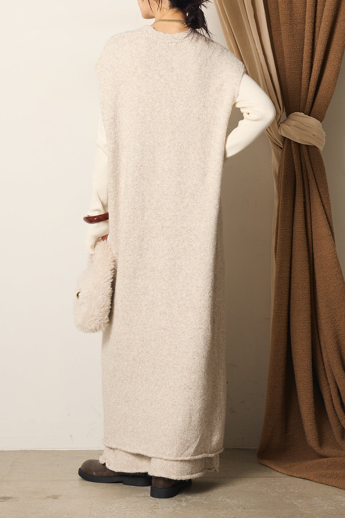 SET]クロスデザインミックスニットワンピース+ミックスワイド