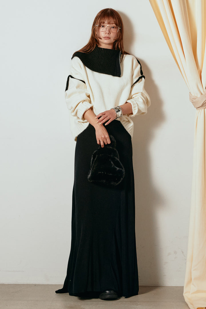 [SET]ハイネックジップデザインニットトップス+サイド切り替えリブニットロングスカート(2set)