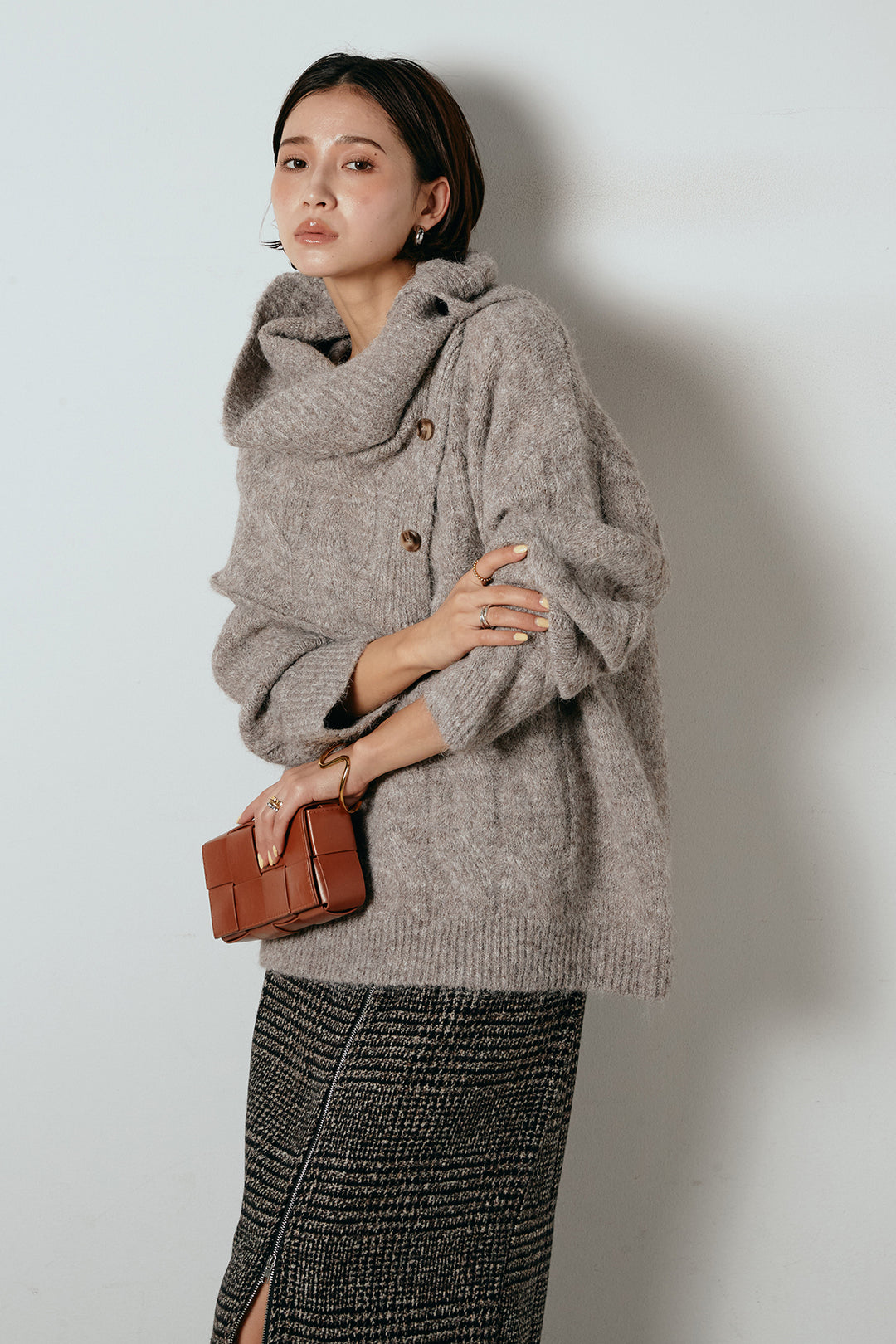 [SET]ケープデザインケーブルニットトップス+グレンチェック柄フロントジップタイトスカート(2set)