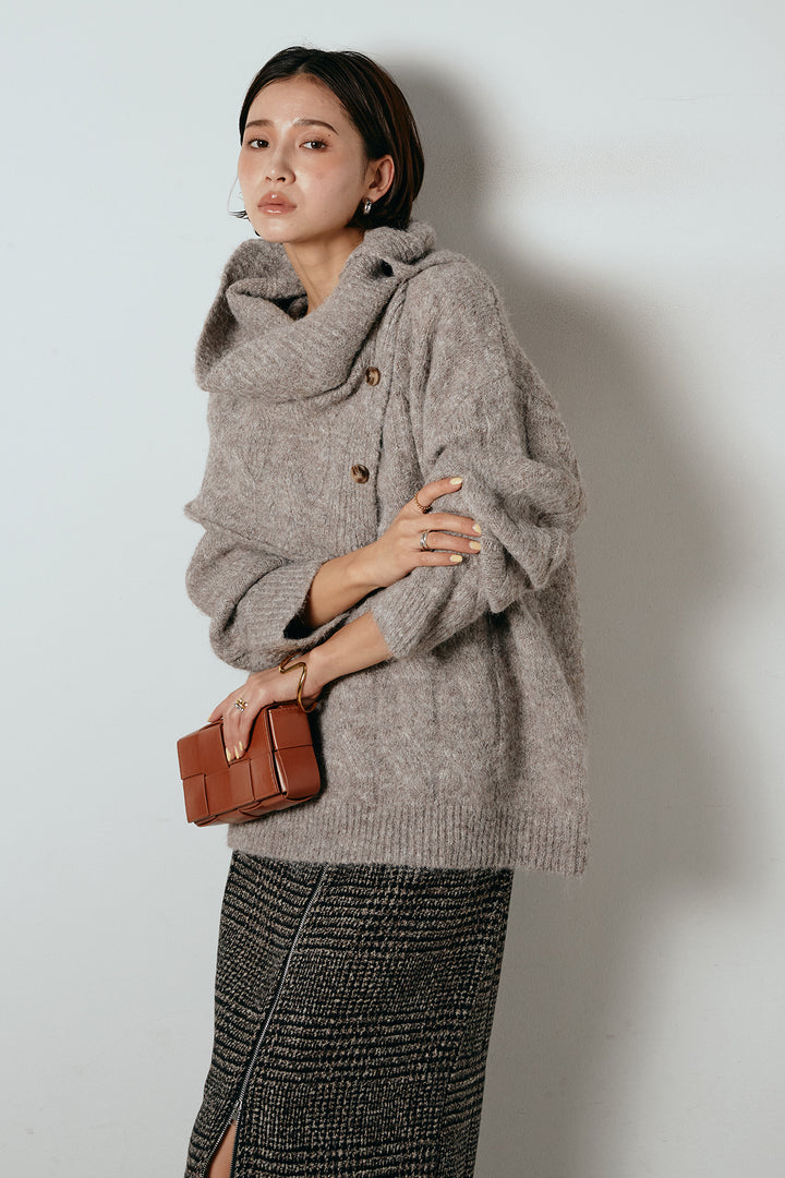 [SET]ケープデザインケーブルニットトップス+グレンチェック柄フロントジップタイトスカート(2set)