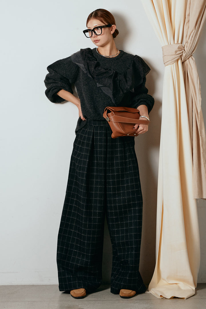[SET]アシンメトリーフリルニットトップス+ウールライクチェックタックパンツ(2set)