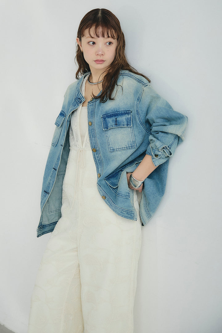 [SET]ノーカラーデニムポケットジャケット+レースサロペット(2set)