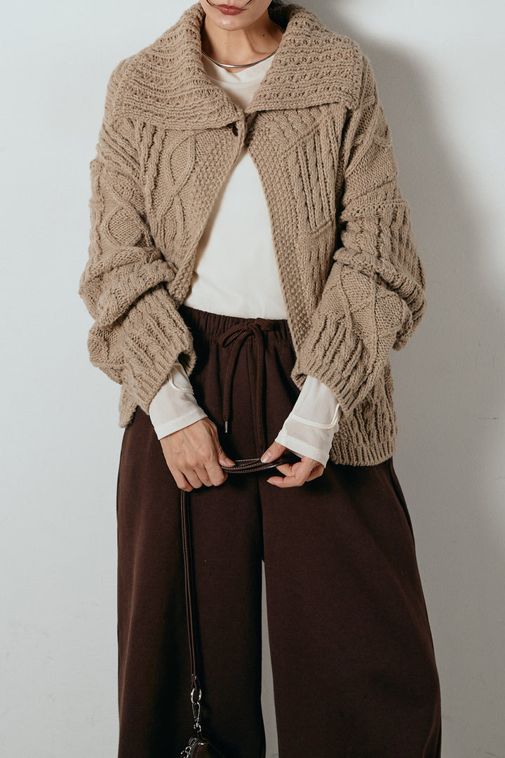 [SET]ビッグカラーケーブル編みニットトップス+2WAY袖コード刺繍クルーネックプルオーバー+裏起毛スウェットワイドパンツ(3set)