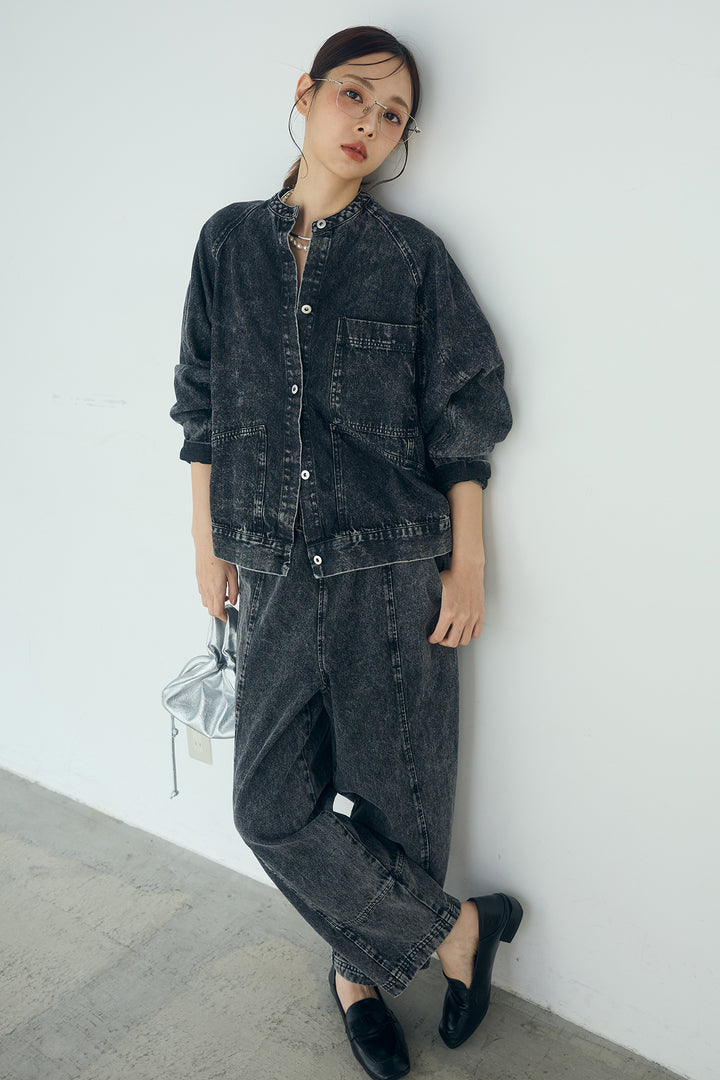 [SET]カラーデニムケミカル加工ノーカラーブルゾン+カラーデニムケミカル加工コクーンパンツ(2set)