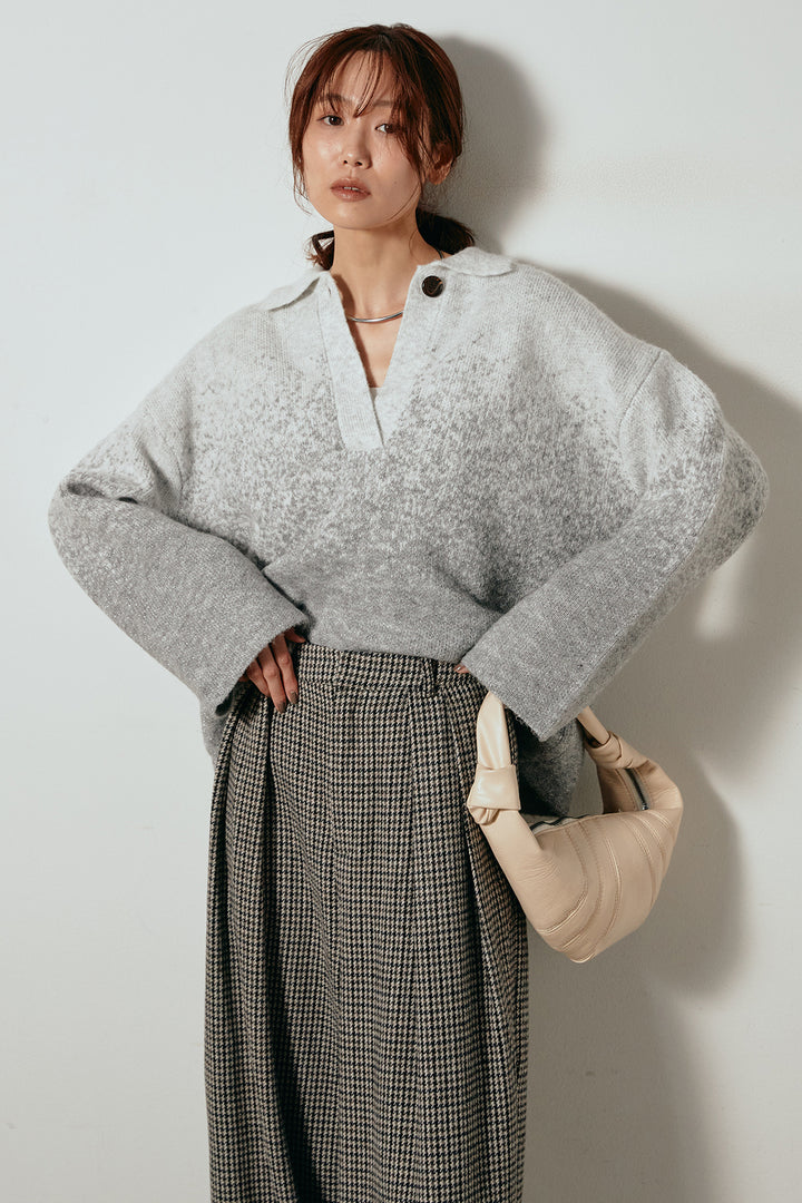 [SET]グラデーションラメニットキーネックプルオーバー+ガンクラブチェックタックパンツ(2set)