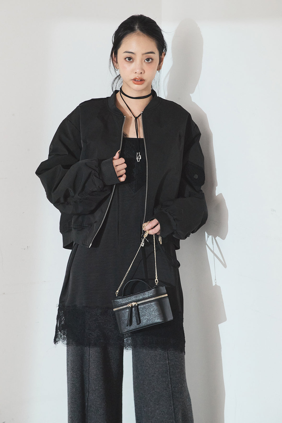 [SET]袖ギャザーデザインブルゾン+センターラインニットパンツ(2set)