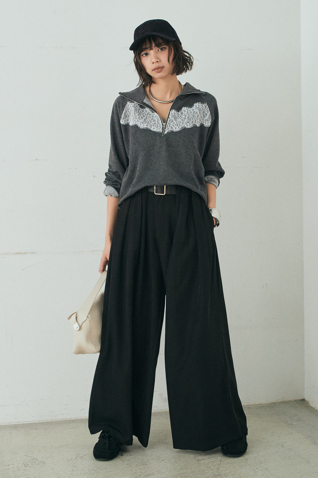 [SET]リバーレースハーフジップ裏毛スウェット+ベルト付きタックデザインハイウエストロングパンツ(2set)