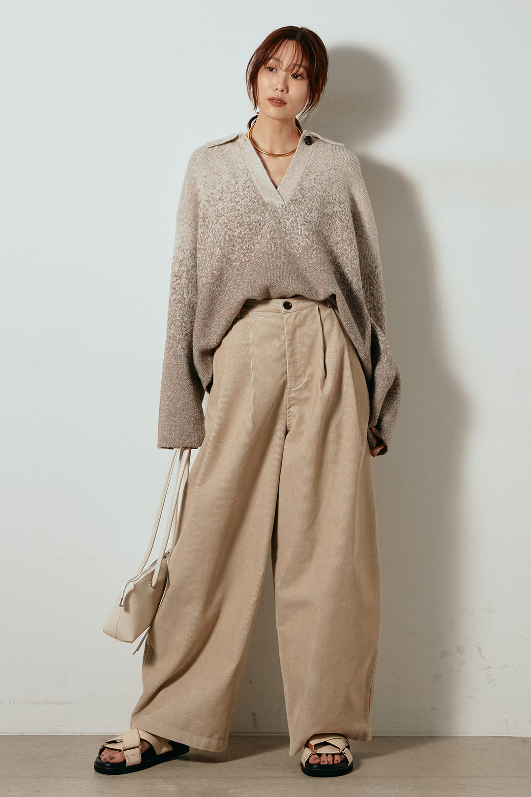 [SET]グラデーションラメニットキーネックプルオーバー+フロントタック入りコーデュロイパンツ(2set)