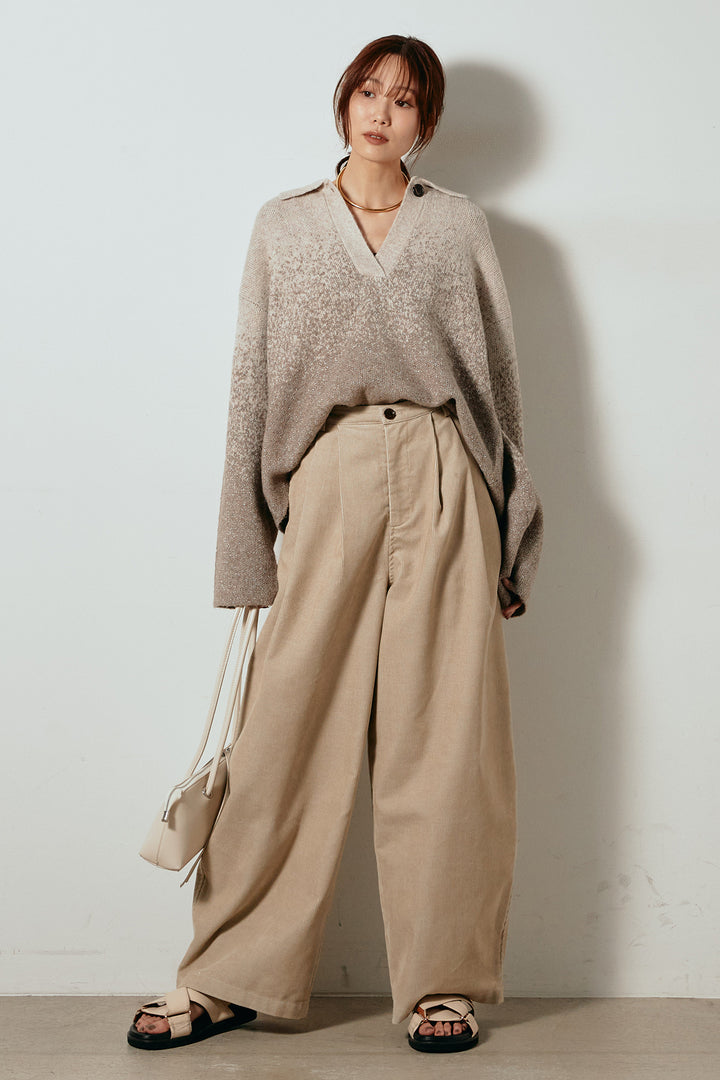 [SET]グラデーションラメニットキーネックプルオーバー+フロントタック入りコーデュロイパンツ(2set)