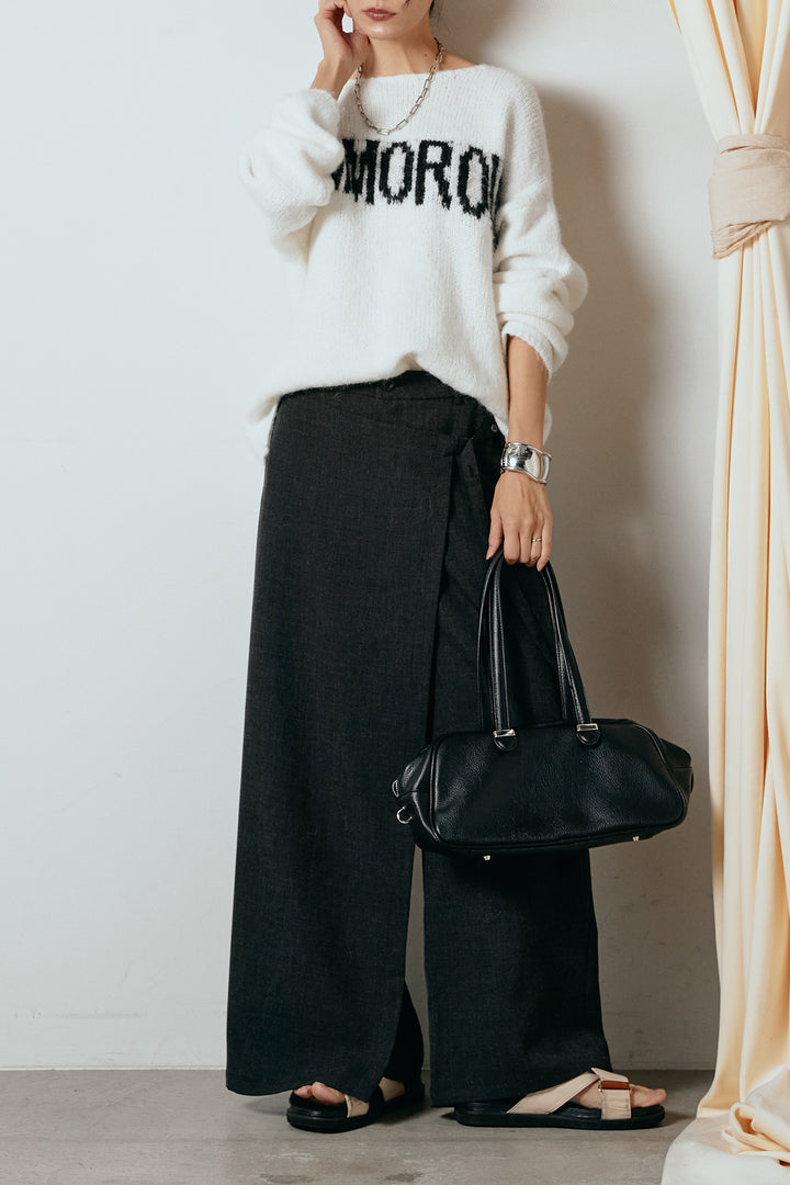 [SET]フロントロゴデザインニットトップス+ラップ巻きワイドスラックス(2set)