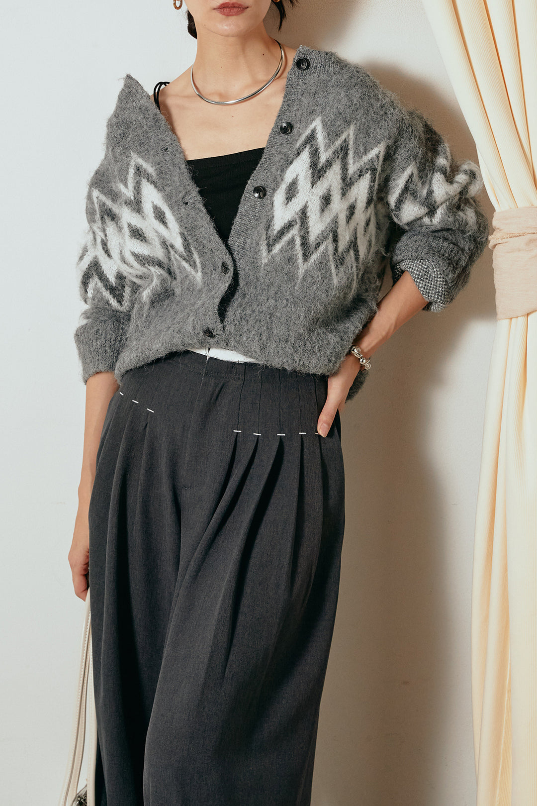 [SET]起毛ノルディック柄ニットカーディガン+ウエストステッチデザインワイドスラックス(2set)