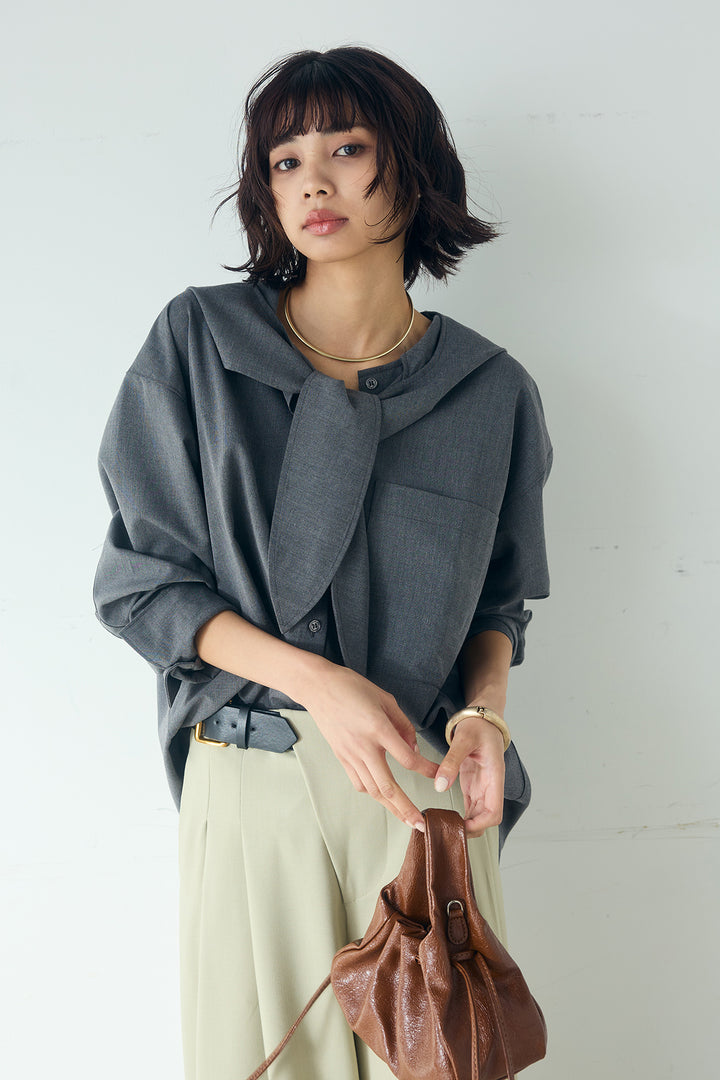 [SET]無地タイ付フーディーBIGシャツ+サイドベルトタック入りスラックス(2set)