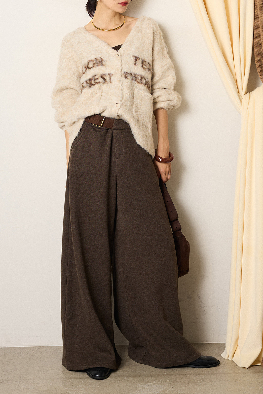 [SET]ウール混透かしロゴニットカーディガン+サイドベルトパンツ(2set)