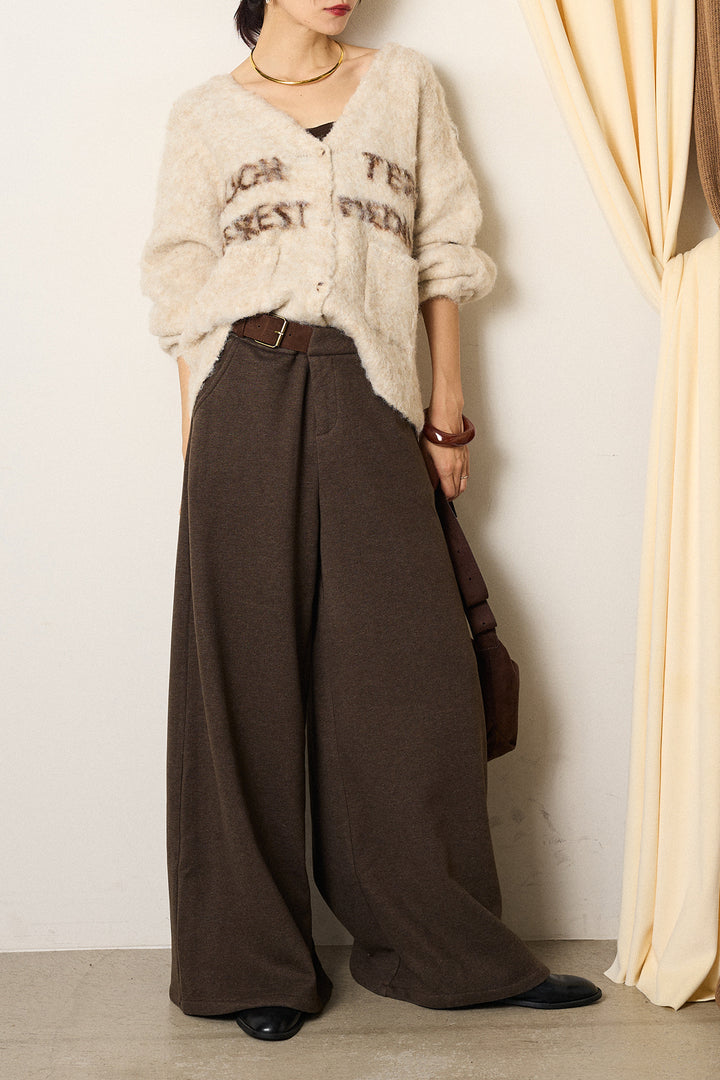 [SET]ウール混透かしロゴニットカーディガン+サイドベルトパンツ(2set)