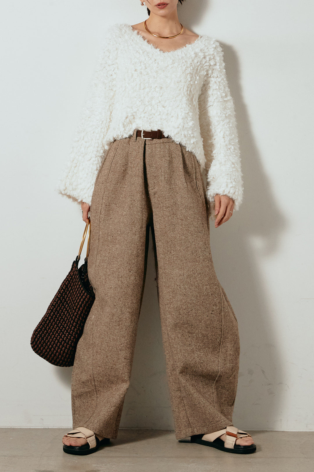 [SET]深Vネックチョウチョヤーンニットトップス+ベルト付きネップツイードカーブパンツ(2set)