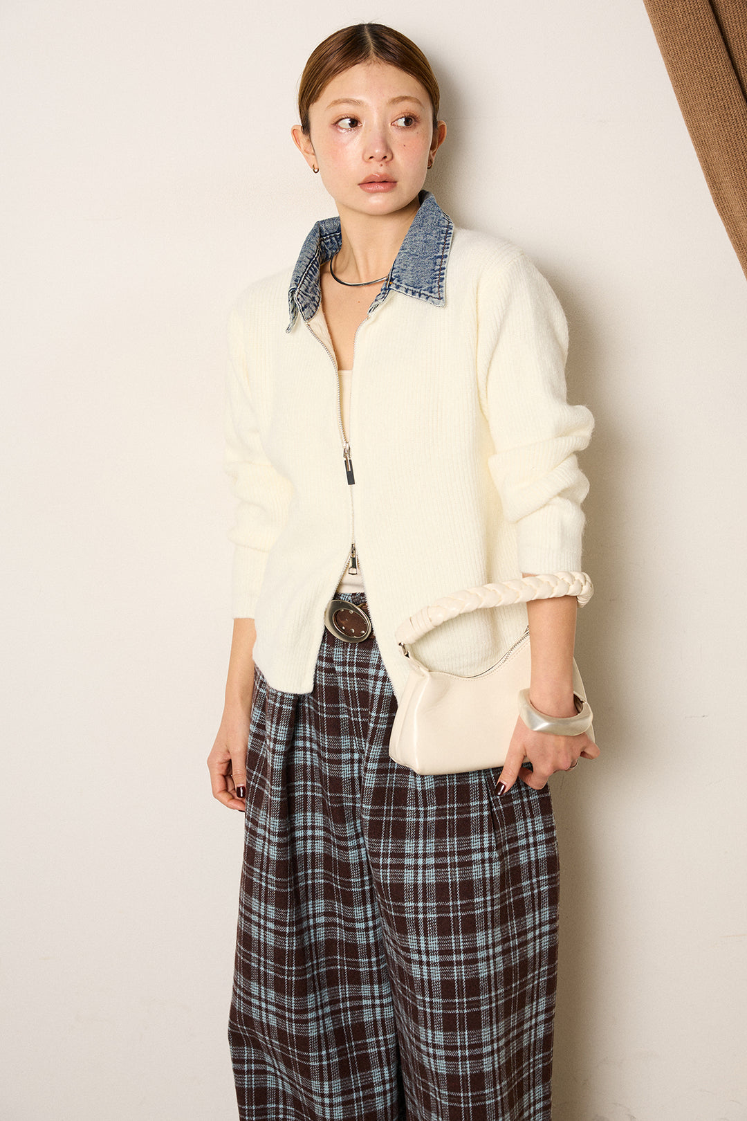 [SET]デニム襟ダブルジップニットトップス+スタッズデザインベルトタータンチェックパンツ(2set)