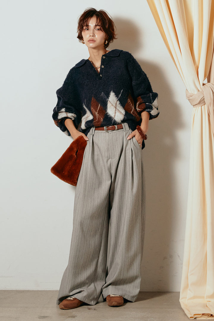 [SET]アーガイル柄ポロニットトップス+ストライプヘリンボーンパンツ(2set)