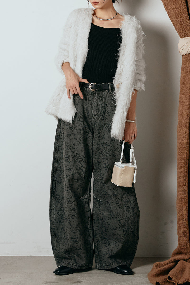[SET]ウェーブシャギーニットジャケット+ベルト付きニュアンス柄カーブワイドパンツ(2set)