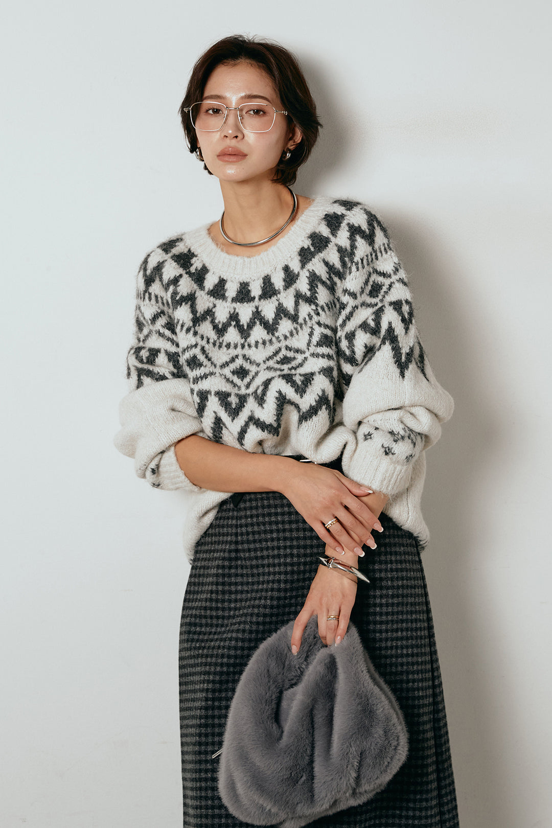 [SET]ノルディック柄Uネックプルオーバー+スエード調ベルト付きチェックナロースカート(2set)