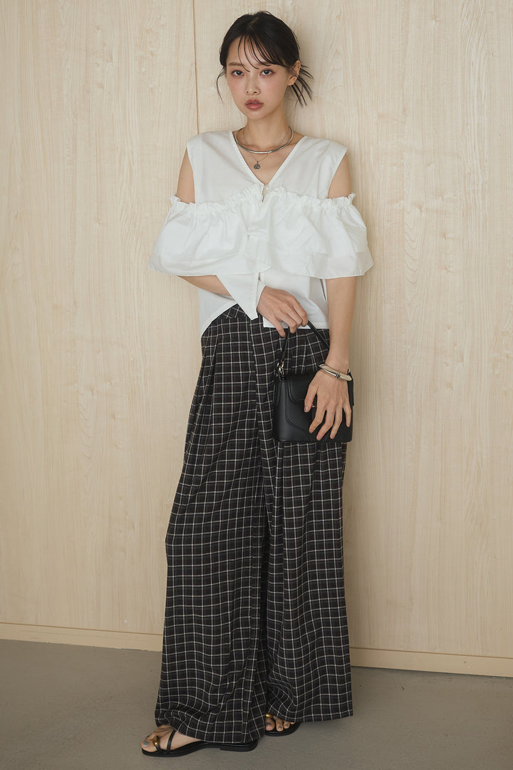 [SET]ブロード2wayフリルトップス+ツータックチェックワイドパンツ(2set)