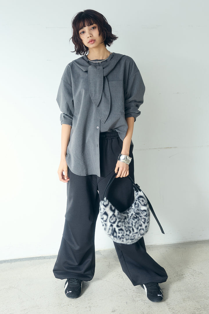 [SET]無地タイ付フーディーBIGシャツ+ランダムタックデザインワイドパンツ(2set)