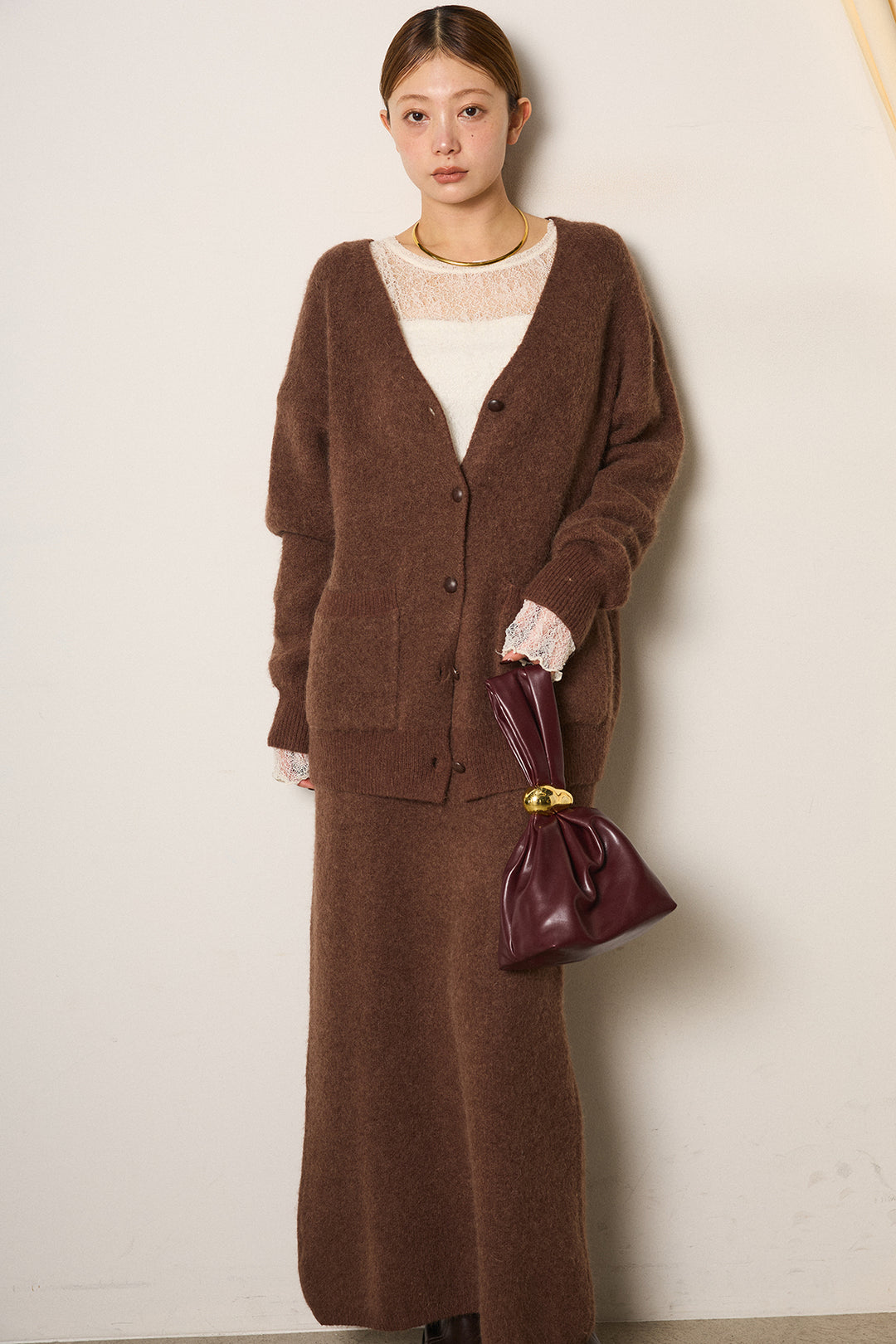 [SET]丸ボタン起毛ニットカーディガン+起毛ニットロングスカート(2set)