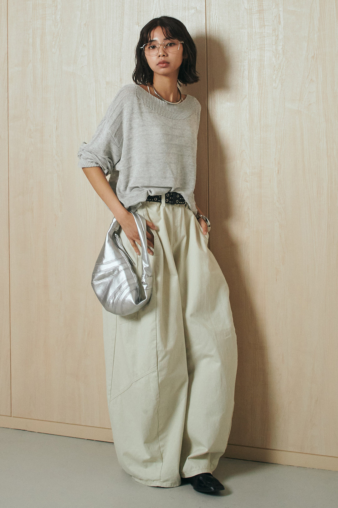 [SET]麻混リラックスニットトップス+ベルト付きカラーデニムパンツ(2set)