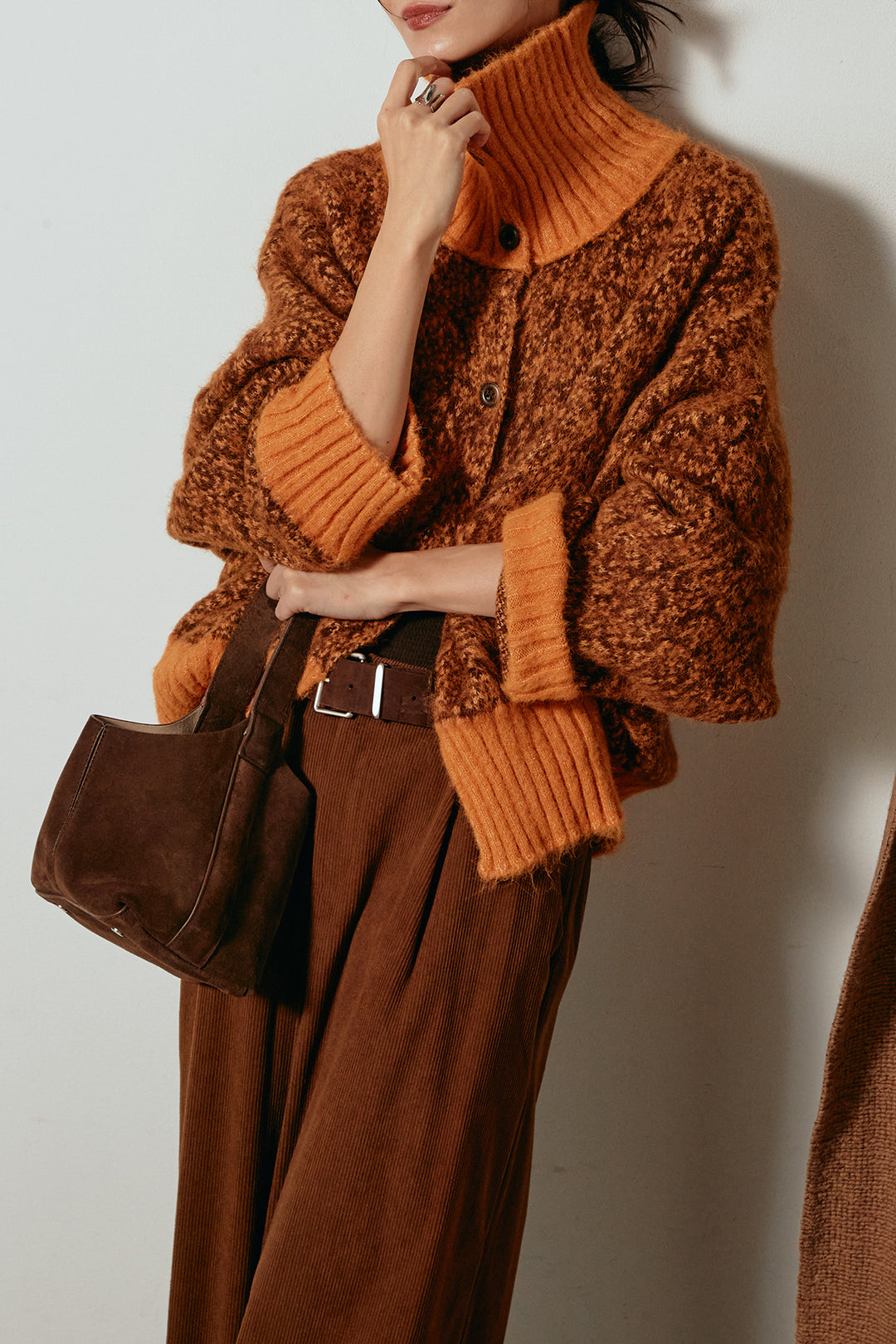 [SET]ハイネックミックスニットトップス+太ベルト付きコーデュロイタックパンツ(2set)