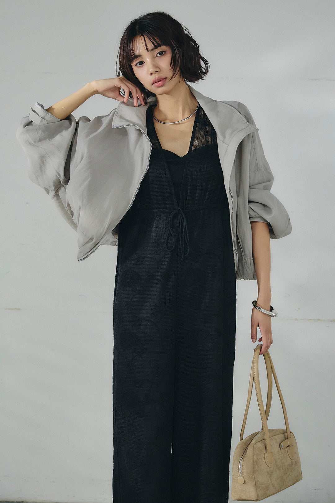 [SET]スタンドネックシアーブルゾン+レースサロペット(2set)