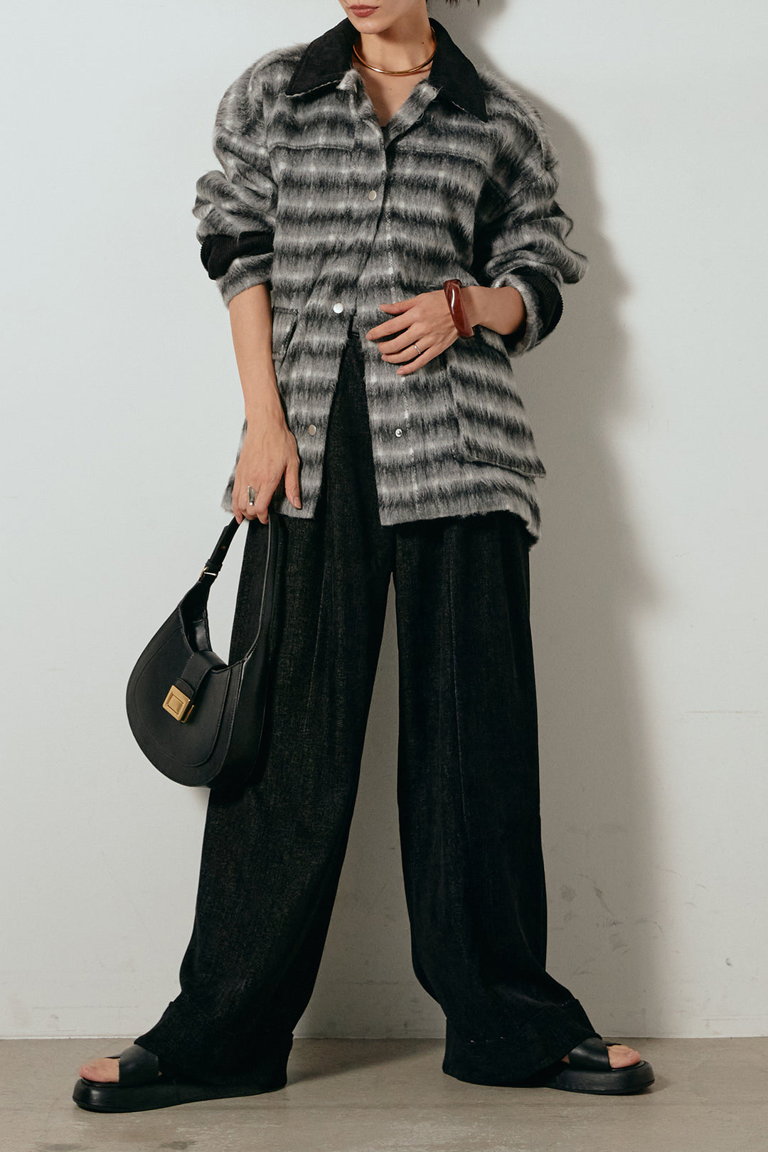 [SET]チェックシャギーミドルカバーオール+フェイクレザーベルト付きスウェードライクワイドパンツ(2set)