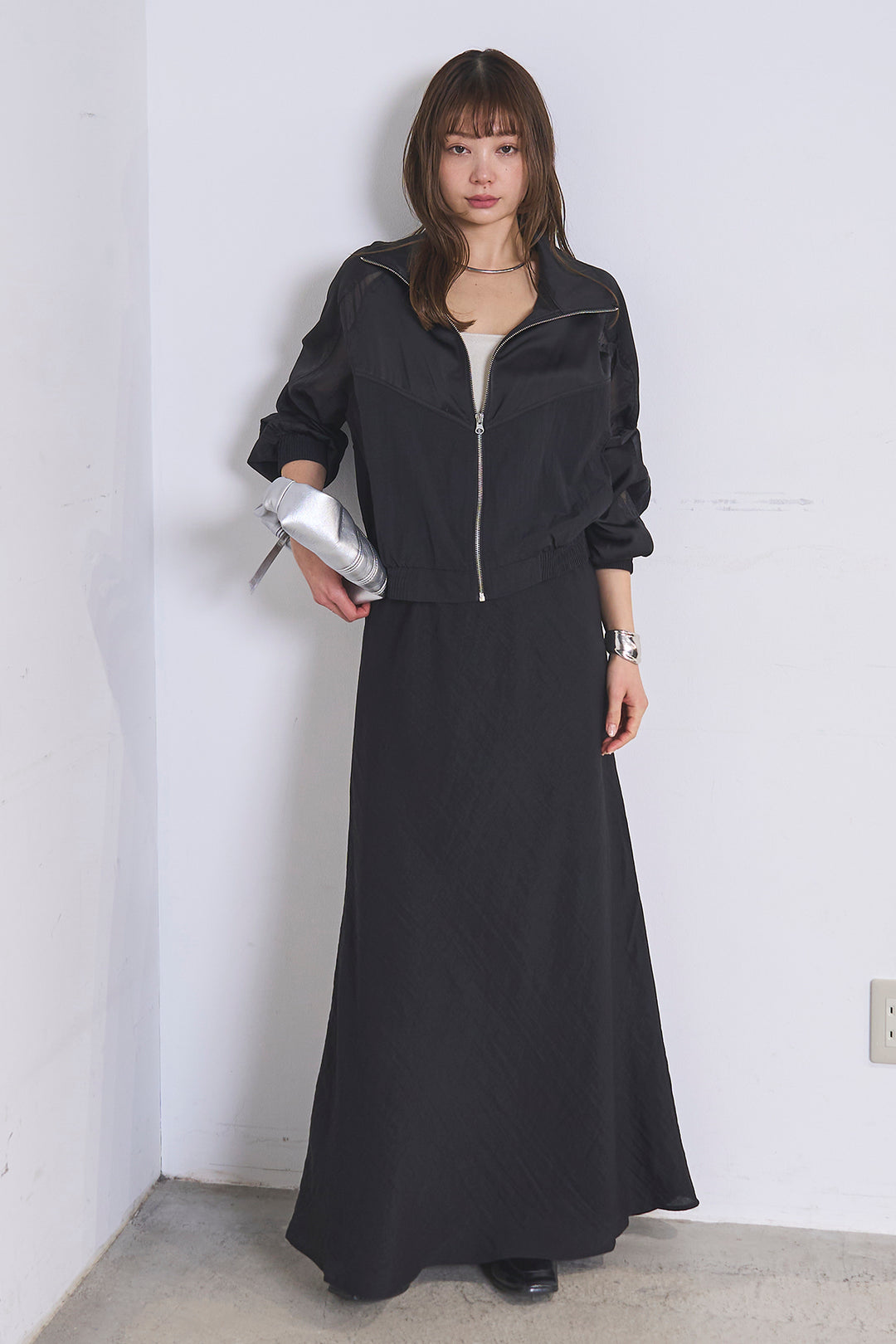[SET]異素材切替ZIPブルゾン+リネンブレンドロングナロースカート(2set)