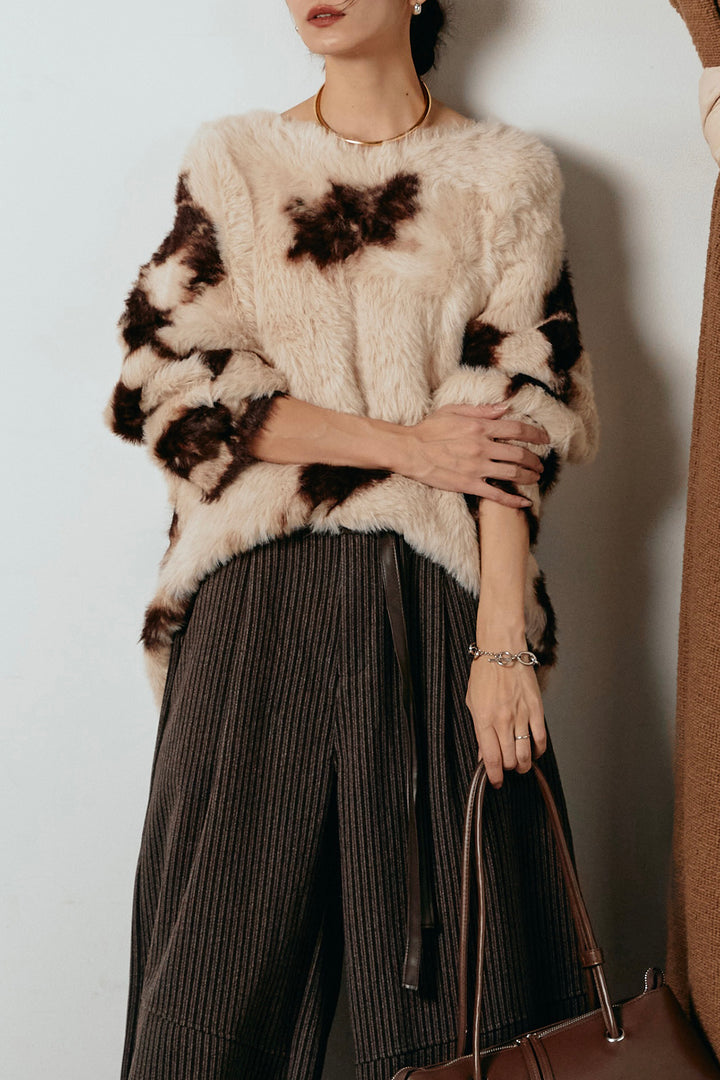 [SET]タイダイ柄シャギーニットトップス+レザーライク配色ストライプパンツ(2set)