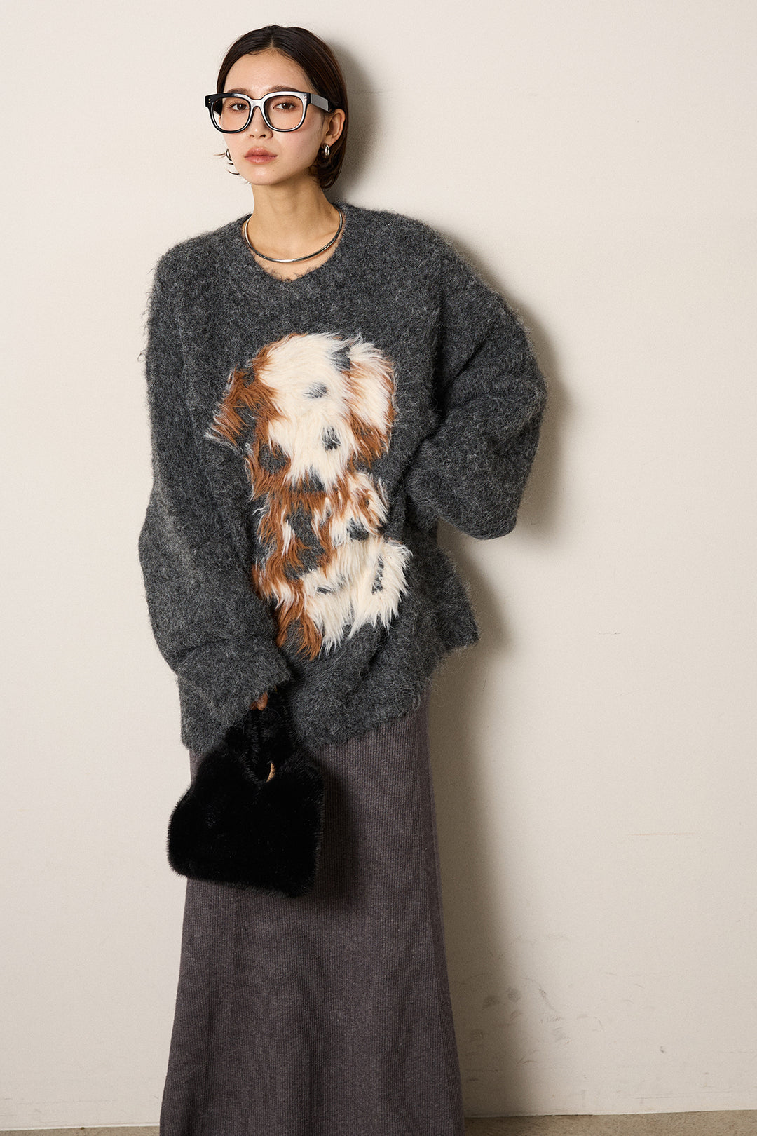 [SET]シャギーニュアンスアニマルニット+リブナローニットスカート(2set)