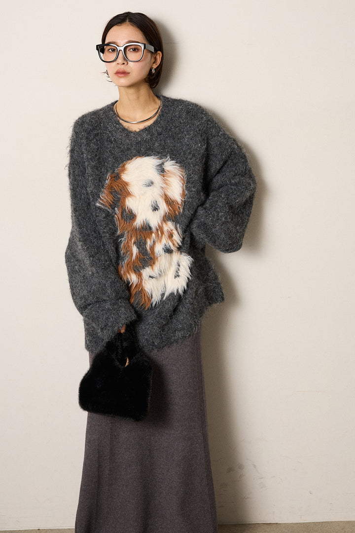 [SET]シャギーニュアンスアニマルニット+リブナローニットスカート(2set)