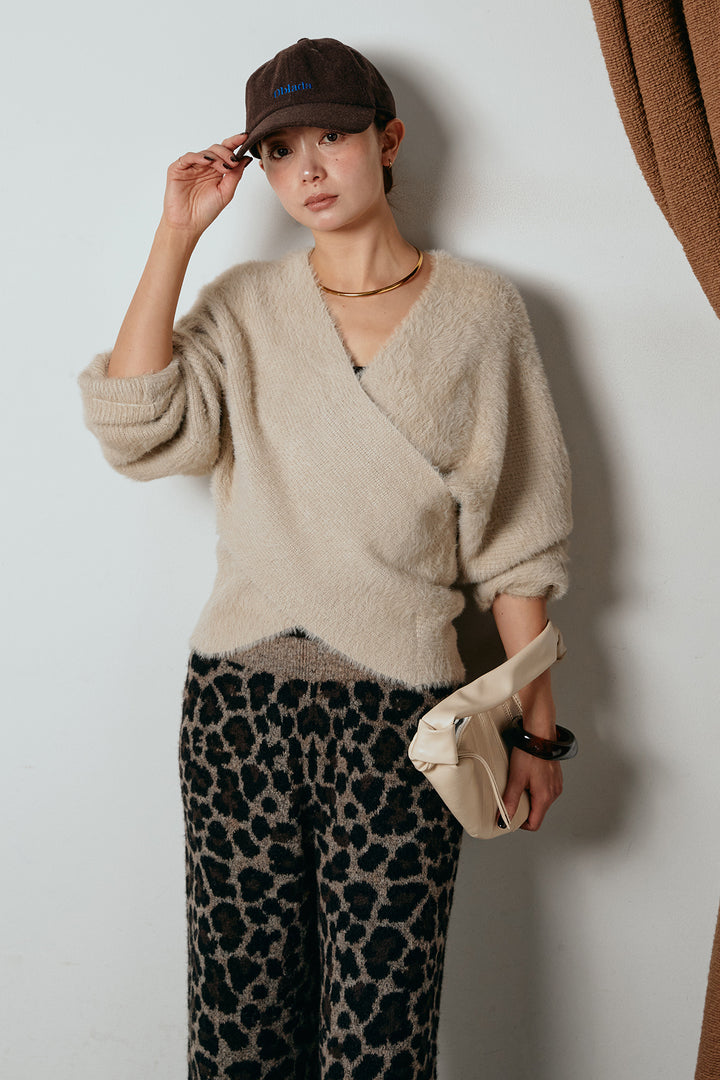 [SET]シャギーカシュクールニットトップス+リラックスレオパード柄ニットパンツ(2set)